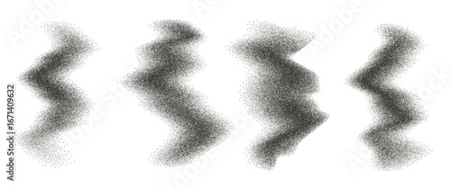 Dot work grainy gradient textured wavy irregular shapes set. Black stippled splatter uneven figures. Grunge dissolved noise dotwork. Undulate sandy splashes with speckles. Vector illustration