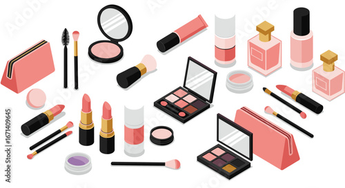 Isometric makeup set with lipsticks and brushes in pink and gold