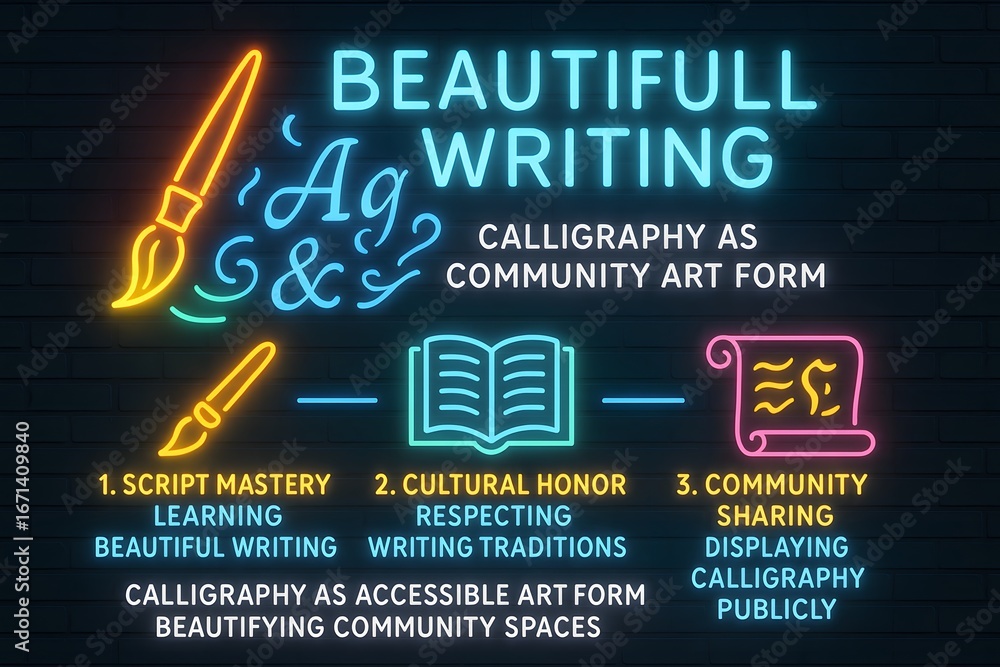 Obraz premium Traditional Calligraphy Art Enhanced with Neon Ink and Modern Techniques for Cultural Design Projects