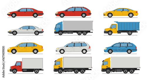 Diverse collection of colorful car and truck side views for vehicle design inspiration