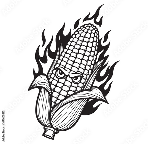 Angry corn on the cob with flames illustration in bold black and white style