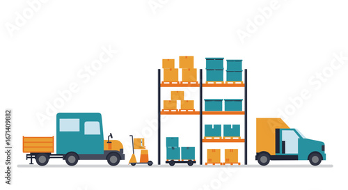 Industrial warehouse with delivery trucks and storage shelves in flat style