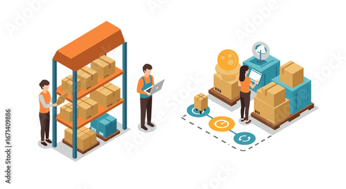 Warehouse logistics with isometric people managing inventory and shipment