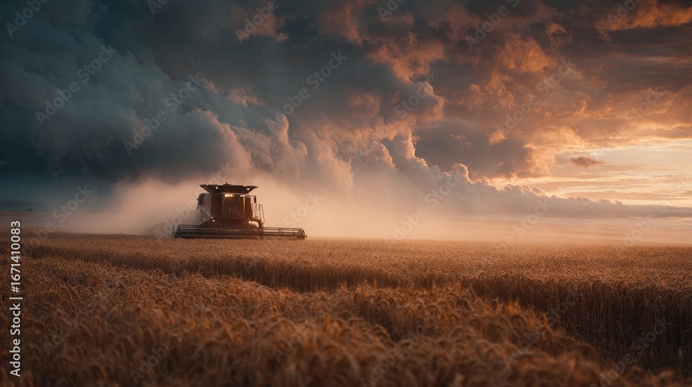 Fototapeta premium Harvester in golden field, dramatic sky