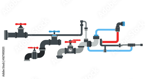 Complex pipe network diagram with valves and flow directions