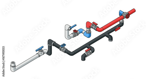 Isometric plumbing pipes with diverse valves and connectors