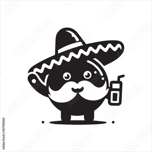 Cartoonish Mexican Character with Sombrero and Drink Silhouette.