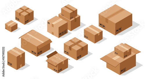 Isometric cardboard boxes in various sizes and positions for shipping and storage