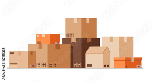 Various cardboard boxes in different sizes and colors stacked on white background
