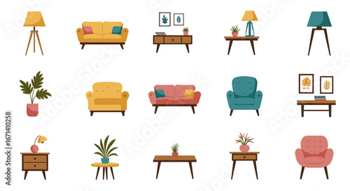 Mid-century modern furniture set with plants and decor elements on white background