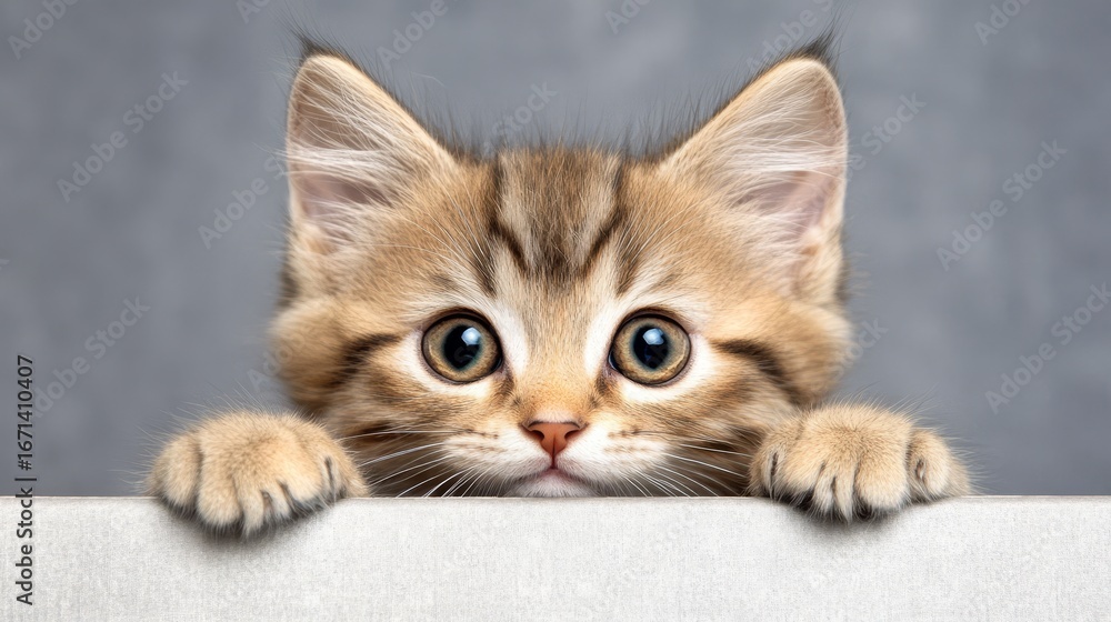 Fototapeta premium A playful kitten with large eyes curiously peeks over a surface, showcasing its fluffy fur and adorable expression in a calm background