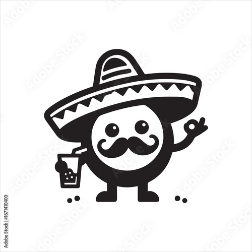 Cheerful Cartoon Character in Sombrero with Drink.