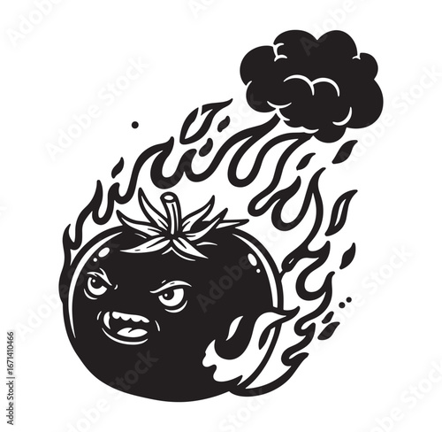 Angry tomato mascot burning in flames illustration for food and culinary designs