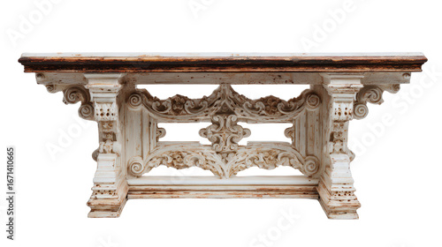 Flat lay of 18th century altar table with carvings, isolated on a Transparent background, PNG file.