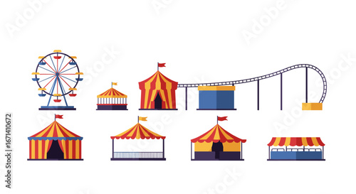 Colorful carnival attractions with ferris wheel, tents, and roller coaster