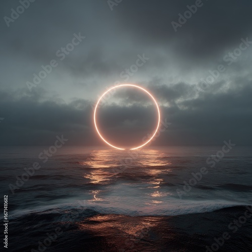 Ocean scene, glowing circle, moody sky