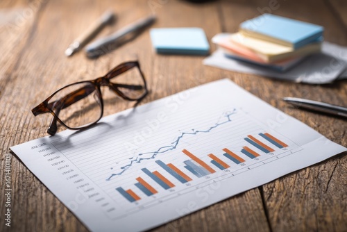 Business graphs, paper, glasses, and sticky notes on a wooden desk