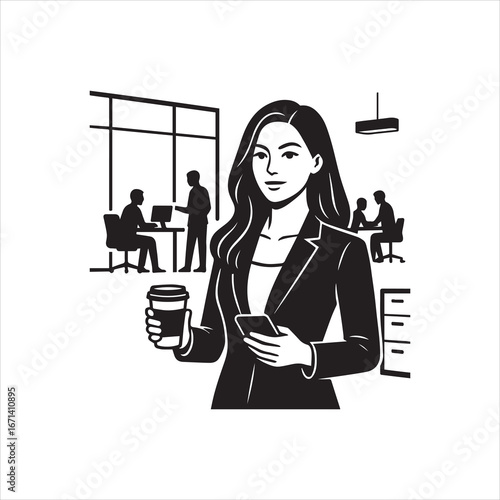 Confident Businesswoman Holding Coffee and Phone in Modern Office Setting.