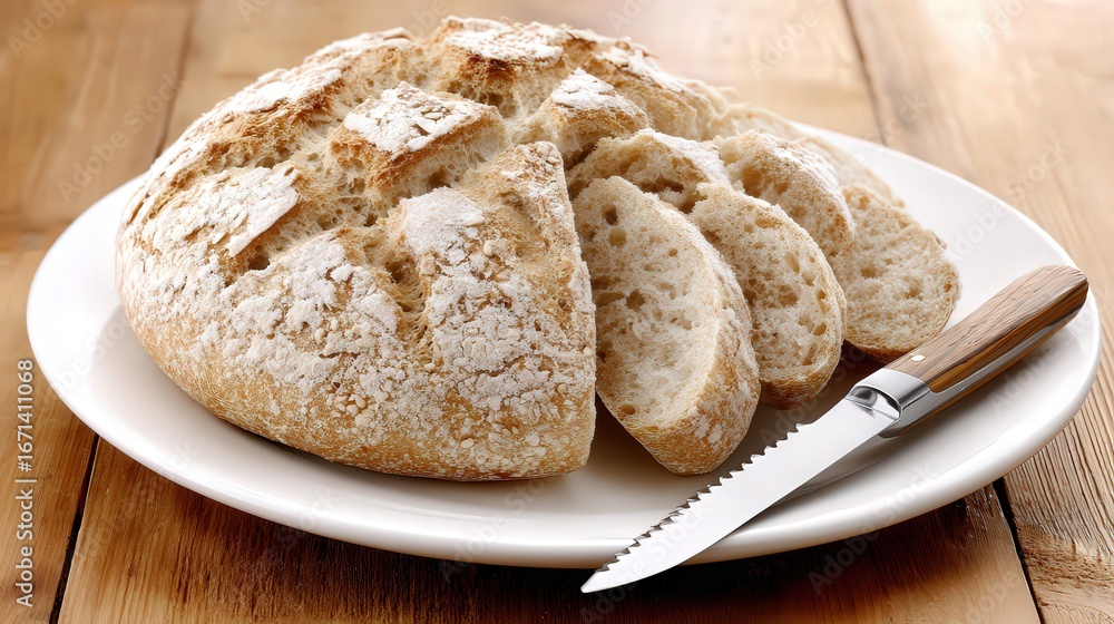 Naklejka premium A beautifully baked loaf of rustic bread is displayed on a white plate, showcasing its crusty exterior and soft, airy interior, Ideal for culinary blogs, recipe collections, or baking inspiration,