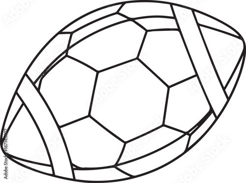 Line art illustration of a unique sports ball design, blending elements of American football and soccer ball patterns.
