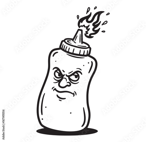 Animated illustration of a grumpy hot sauce bottle spitting fire with comic expressions