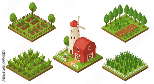 Isometric farm set with barn, windmill, and various crops