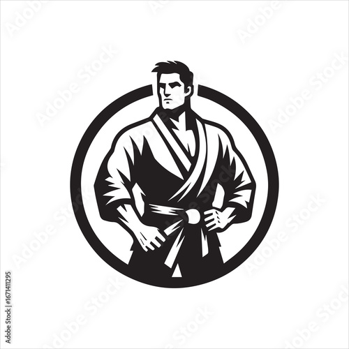 Confident Karateka in Gi with Hands on Belt within Circular Frame.
