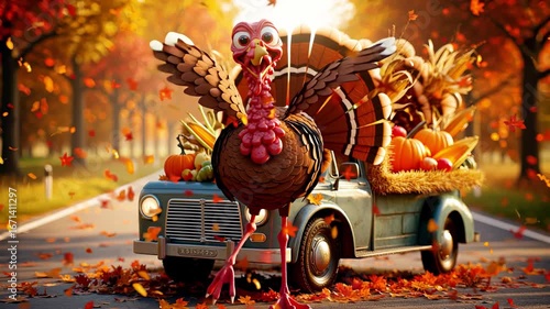 A festive turkey dances next to a car full of harvest in a bright autumn forest.