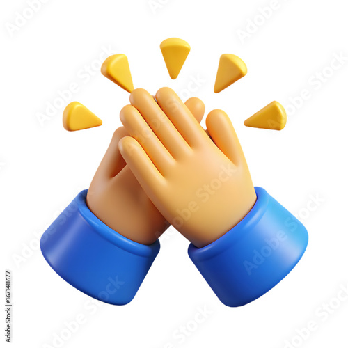 3d cartoon hands clapping with starbursts, isolated on transparent background