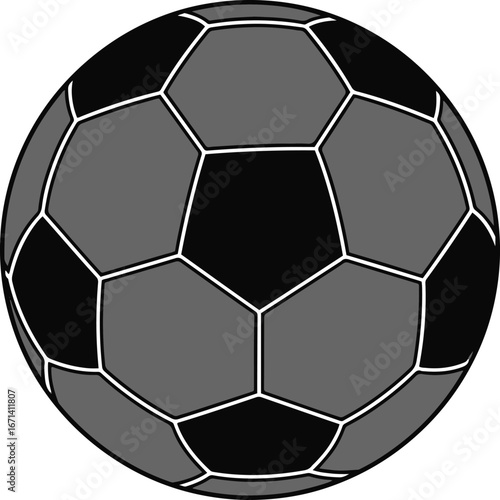 A grayscale illustration of a classic soccer ball, featuring a traditional pentagon and hexagon panel design
