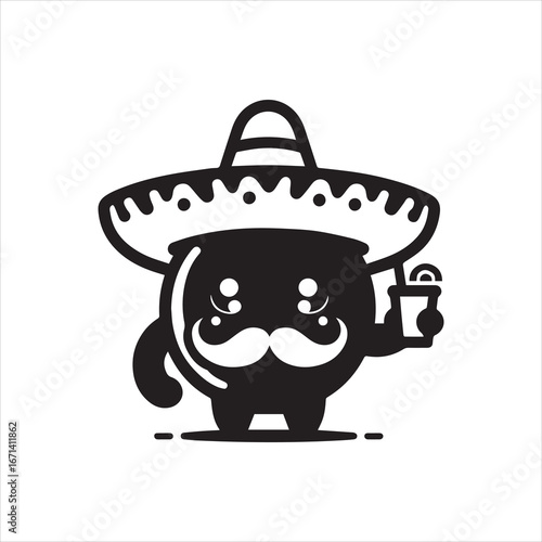 Cute Cartoon Character in a Sombrero with a Drink.