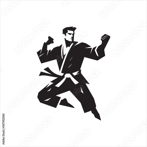 Dynamic Black and White Karate Fighter in MidAir Performing a Powerful Kick.