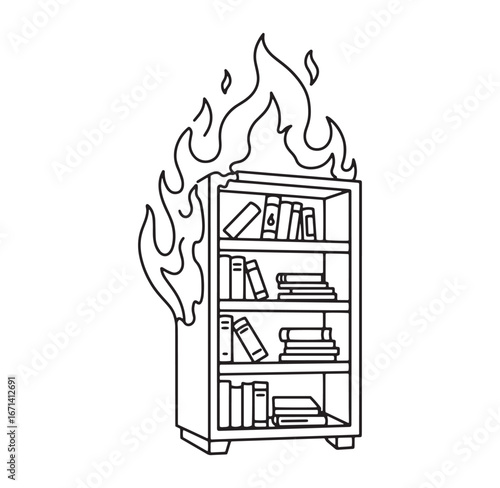 Burning bookshelf illustration depicting book burning censorship freedom of expression idea