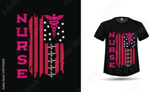 
Nurse American Flag with Caduceus and Heartbeat — Patriotic Nursing T‑Shirt Vector Design
