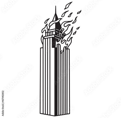 Burning skyscraper silhouette illustration depicting fire and destruction in minimalist black and white