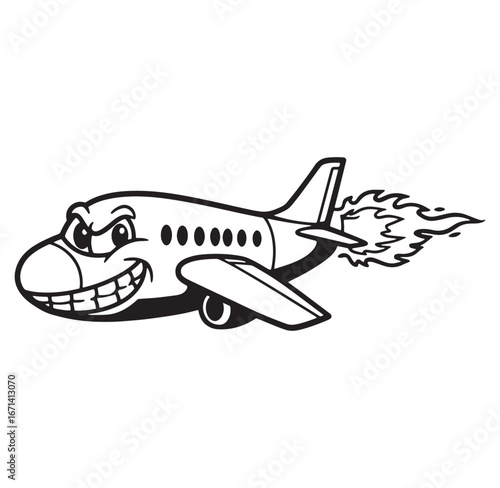 Cartoon airplane with a smirking face and flames representing speed and aerodynamics