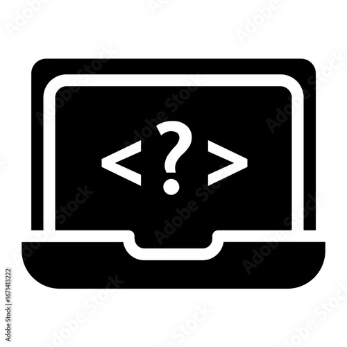 Black and white glyph icon of a laptop with code brackets and a question mark, symbolizing software development, programming queries, and debugging concepts