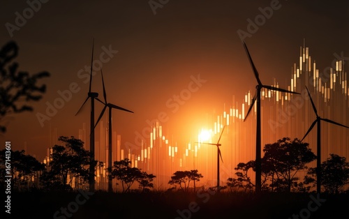 Wind turbines at sunset, overlaid with financial chart