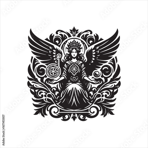 Intricate Black and White Angelic Figure with Wings and Ornate Details.