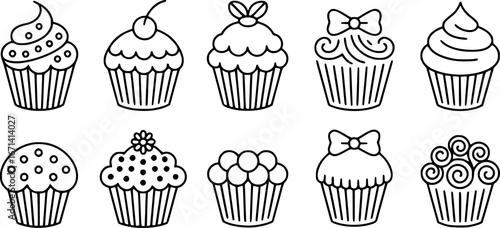 A Collection of Ten Hand-Drawn Cupcakes with Various Toppings and Decorations