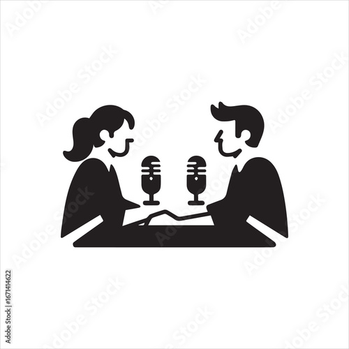 Podcast Duo Man and Woman Recording with Microphones on a Table.
