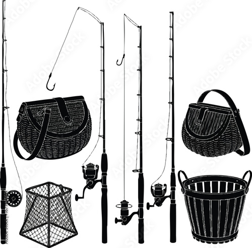 create need kinds of Different Fishing Rod and Basket victor art silhouette with white Background.