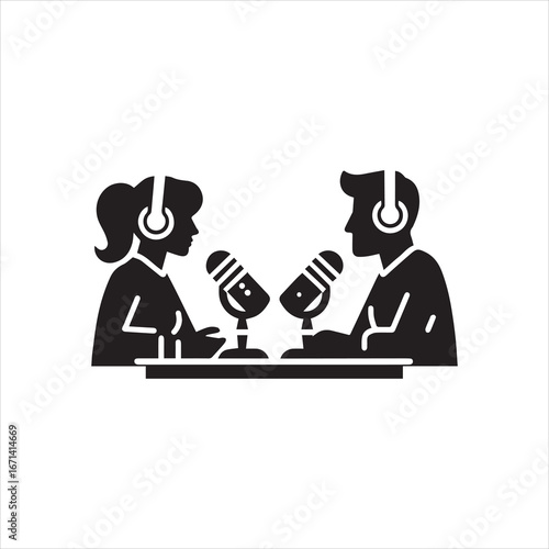 Podcast Duo Woman and Man with Headphones and Microphones in Silhouette.