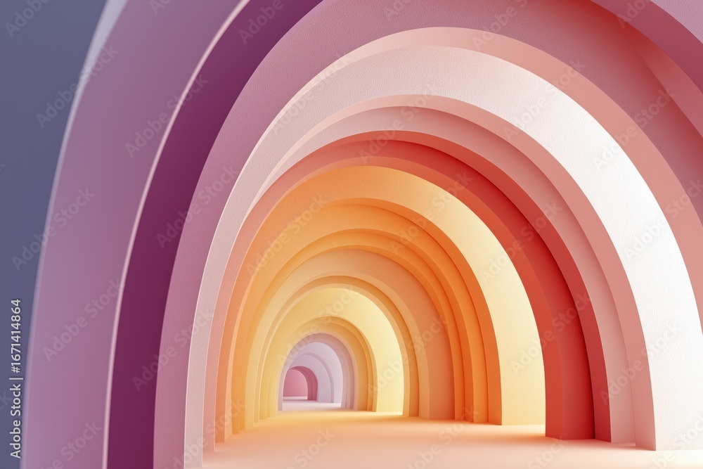 Obraz premium Abstract 3D tunnel with layered pastel paper arches in warm gradient colors, symbolizing depth and perspective. Ideal for branding, modern design, or conceptual background visuals