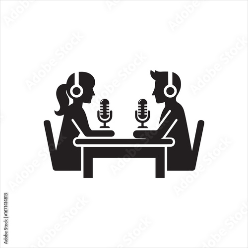 Podcast Recording Silhouette of Two People with Microphones and Headphones.