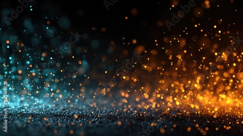 Abstract digital art of shimmering particles, teal and orange
