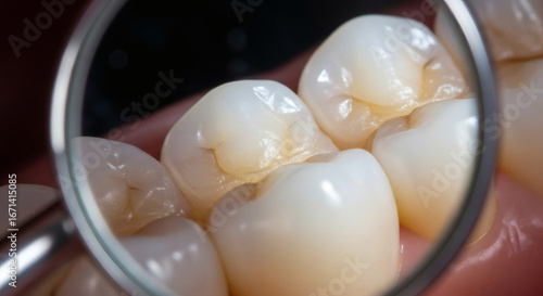 Macro view of healthy human teeth, magnified for detailed inspection of enamel and dental work.