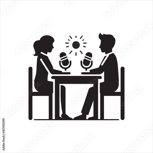Podcast recording with two people at a table with microphones and sun icon.