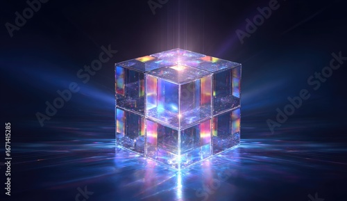 Abstract iridescent cube radiating light