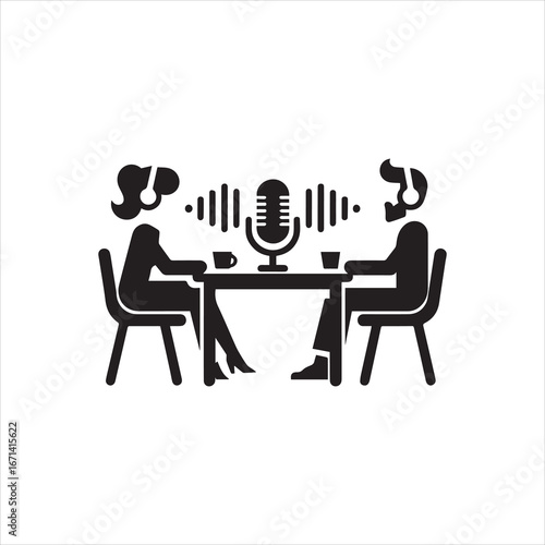 Podcast recording with woman and man at table with microphone and sound waves.